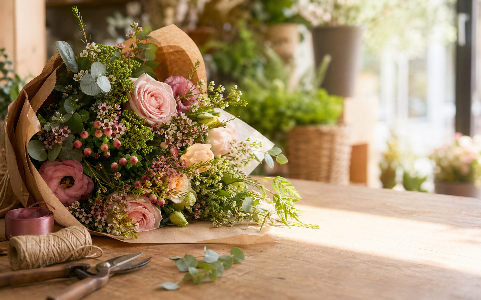 Gebundener Blumenstrauß auf einem floralen Arbeitstisch
