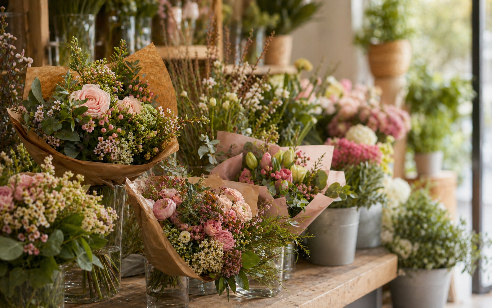 Saisonale Blumensträuße in einem Floristikgeschäft