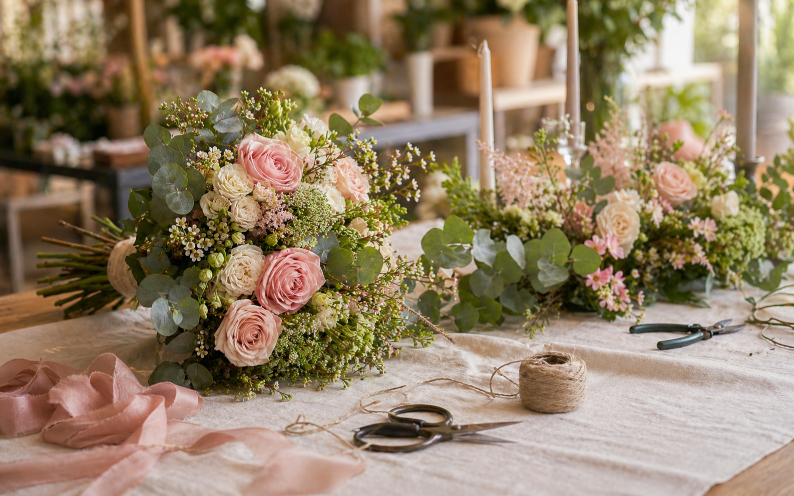 Florales Arrangement mit Rosen und Grün